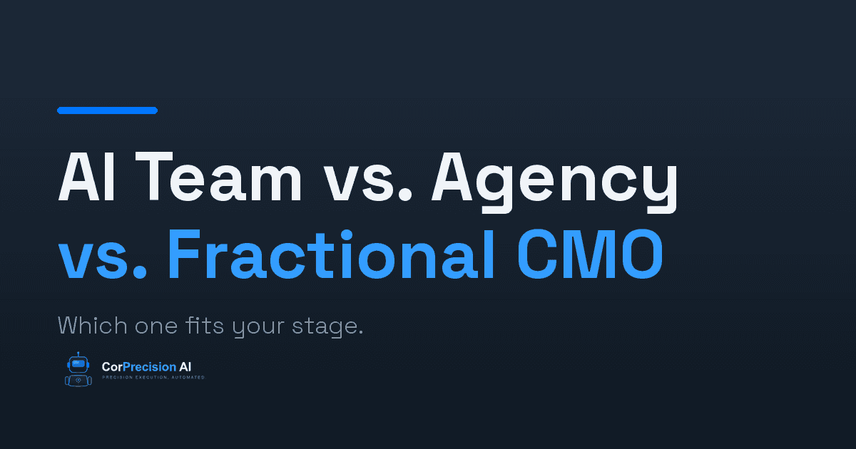 AI Marketing Team vs. Agency vs. Fractional CMO comparison graphic